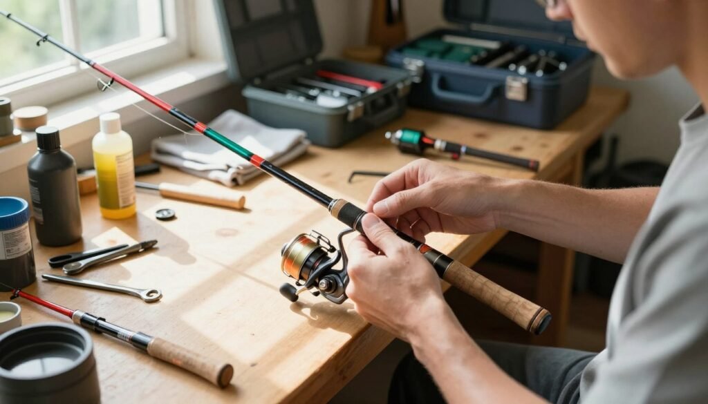 Um ambiente de oficina bem iluminado, focado na manutenção de varas de pesca. Em primeiro plano, um par de mãos vestidas casualmente limpam e inspecionam cuidadosamente uma vara de pesca, demonstrando atenção aos detalhes. A vara apresenta cores vibrantes e um design de carretel intrincado, destacando seu acabamento. Em segundo plano, uma bancada de trabalho repleta de ferramentas de manutenção, como óleo, pano e acessórios de pesca, está exposta. A luz natural e intensa que entra por uma janela próxima projeta sombras suaves e cria uma atmosfera acolhedora e convidativa. Ao fundo, caixas de apetrechos de pesca e equipamentos organizados conferem profundidade à cena. O clima geral é informativo e envolvente, ideal para ilustrar os cuidados necessários com varas de pesca.