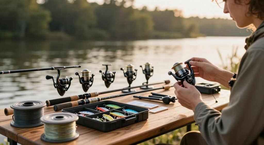 A well-organized fishing gear display set on a wooden table, focusing on both spinning reels and baitcasting reels. In the foreground, a person wearing a casual fishing outfit examines a spinning reel, engaged in thoughtful consideration. The middle section features a detailed arrangement of fishing equipment: rods, reels, a tackle box filled with lures, and fishing line, with labels visible for clarity. The background shows a serene waterfront scene, with soft, golden sunlight filtering through trees, hinting at an outdoor fishing experience. The mood is calm and focused, reflecting a sense of anticipation. The composition is shot with a shallow depth of field, highlighting the gear while softly blurring the background to convey an intimate learning atmosphere. A well-organized fishing gear display set on a wooden table, focusing on both spinning reels and baitcasting reels. In the foreground, a person wearing a casual fishing outfit examines a spinning reel, engaged in thoughtful consideration. The middle section features a detailed arrangement of fishing equipment: rods, reels, a tackle box filled with lures, and fishing line, with labels visible for clarity. The background shows a serene waterfront scene, with soft, golden sunlight filtering through trees, hinting at an outdoor fishing experience. The mood is calm and focused, reflecting a sense of anticipation. The composition is shot with a shallow depth of field, highlighting the gear while softly blurring the background to convey an intimate learning atmosphere.