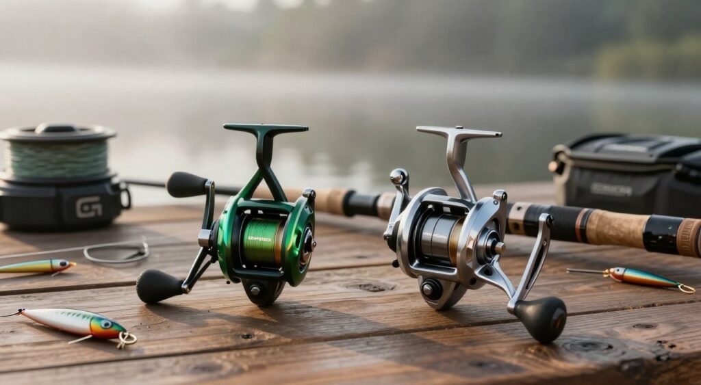 Dois molinetes de pesca, um Daiwa Revros e um Daiwa Regal, lado a lado sobre uma mesa rústica de madeira, exibem seu design elegante e detalhes intrincados. O Revros, com um vibrante acabamento verde, contrasta com o elegante acabamento prateado do Regal. Em primeiro plano, os molinetes estão posicionados com destaque, com algumas linhas de pesca e iscas artisticamente espalhadas ao redor. O plano intermediário apresenta equipamentos de pesca com foco suave e um lago sereno ao fundo, com a névoa da manhã criando uma atmosfera tranquila. A iluminação suave e natural realça os detalhes dos molinetes, projetando sombras delicadas. A imagem captura a essência dos entusiastas da pesca comparando esses dois modelos, evocando um senso de aventura e exploração na natureza.
