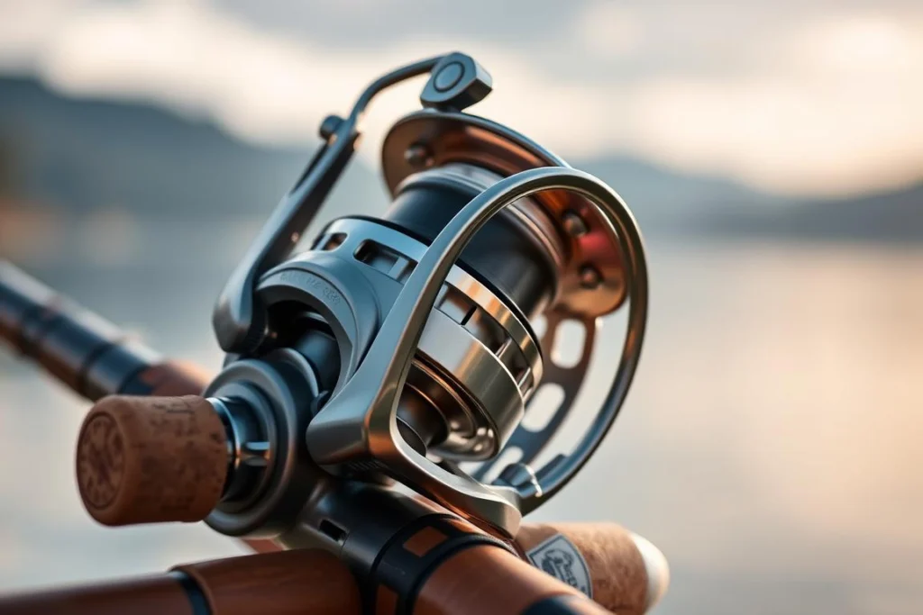 A close-up image of a precision fishing reel, showcasing its sleek design and intricate mechanics. The reel, featuring a shiny metallic finish, is set against a blurred natural background of a serene lake, hinting at the tranquility of fishing. In the foreground, the reel is positioned on a wooden fishing rod with a cork handle, emphasizing its importance in the fishing experience. The lighting is warm and soft, suggesting a late afternoon sun, casting gentle reflections off the reel’s surface. A sense of expertise and readiness fills the atmosphere, inviting the viewer to appreciate the craftsmanship and utility of the fishing reel for precision angling. Uma imagem em close de um molinete de precisão, destacando seu design elegante e sua mecânica sofisticada. O equipamento, com acabamento metálico brilhante, aparece sobre um fundo natural desfocado de um lago sereno, evocando a tranquilidade da pesca. Em primeiro plano, o molinete está montado em uma vara de pesca de madeira com cabo de cortiça, ressaltando sua importância na experiência de pescar. A iluminação é quente e suave, sugerindo o sol do fim da tarde e criando reflexos delicados na superfície do molinete. Uma atmosfera de perícia e prontidão envolve a cena, convidando o observador a apreciar a qualidade de fabricação e a utilidade do equipamento para a pesca de precisão.