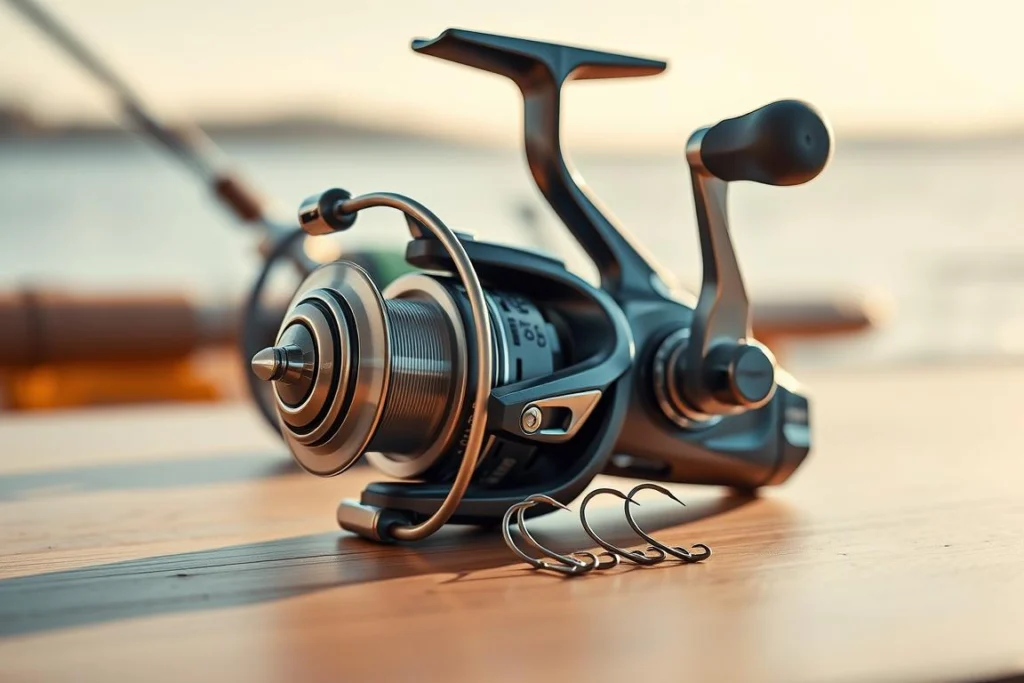 A close-up shot of an advanced fishing reel (molinete) showcasing its innovative technology, set on a smooth wooden table. The foreground features intricate details of the reel's metallic components and high-tech features, gleaming under warm, natural lighting. In the middle, slightly out of focus, a set of various fishing lines and hooks are arranged artistically, highlighting the accessories involved. In the background, a blurred image of a serene water landscape evokes a sense of adventure. The overall atmosphere is modern and professional, with a focus on the functionality and cutting-edge design of the reel. The angle captures a dynamic perspective, emphasizing the reel's engineering excellence without any text or distractions. Um close-up de um molinete de pesca avançado, exibindo sua tecnologia inovadora sobre uma mesa de madeira lisa. Em primeiro plano, destacam-se os detalhes minuciosos dos componentes metálicos e as características de alta tecnologia do equipamento, brilhando sob uma iluminação natural e quente. Ao centro, ligeiramente fora de foco, um conjunto de diversas linhas e anzóis de pesca está disposto de forma artística, ressaltando os acessórios envolvidos. Ao fundo, a imagem desfocada de uma paisagem aquática serena evoca uma sensação de aventura. A atmosfera geral é moderna e profissional, com foco na funcionalidade e no design de ponta do molinete. O ângulo captura uma perspectiva dinâmica, enfatizando a excelência da engenharia do equipamento, sem qualquer texto ou elemento que cause distração.