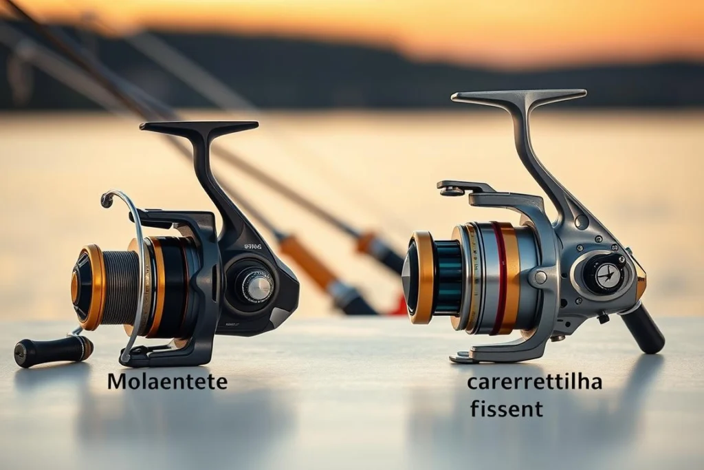 A detailed and comparative illustration of a fishing reel (molinete) and a baitcasting reel (carretilha), highlighting their structural differences. The foreground features the two reels side by side on a clean surface, with each labeled for identification. The molinete should be depicted with its spool and line smoothly aligned, showcasing its open face design, while the carretilha exhibits its closed design, spotlighting the tension adjustment features. In the middle ground, a blurred image of fishing rods and lures to connect the context of fishing. The background features a soft focus of a tranquil lakeside setting during golden hour, creating an inviting mood. Warm, natural lighting to emphasize the details of the reels, captured from a slightly elevated angle to provide depth. Uma ilustração detalhada e comparativa de um molinete e de uma carretilha (*baitcasting*), destacando suas diferenças estruturais. Em primeiro plano, os dois equipamentos aparecem lado a lado sobre uma superfície limpa, com identificações (rótulos) para cada um. O molinete é retratado com o carretel e a linha perfeitamente alinhados, evidenciando seu design de face aberta, enquanto a carretilha exibe seu design fechado, com destaque para os mecanismos de ajuste de tensão. No plano intermediário, vê-se uma imagem desfocada de varas de pesca e iscas, estabelecendo o contexto da atividade. O fundo apresenta um cenário tranquilo à beira de um lago, com foco suave e luz do "horário dourado" (*golden hour*), criando uma atmosfera convidativa. A iluminação é natural e quente, realçando os detalhes dos equipamentos, e a imagem foi captada de um ângulo levemente elevado para conferir profundidade.