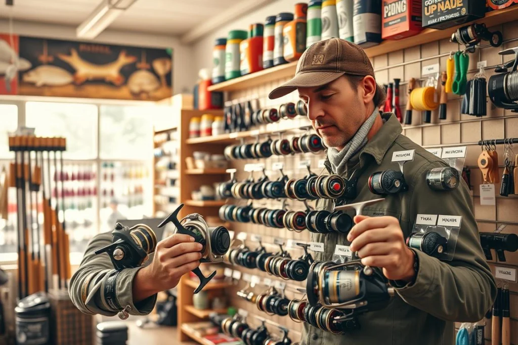 A detailed and engaging scene depicting a fishing enthusiast carefully selecting fishing reels (called "molinetes") in a well-lit outdoor sporting goods store. In the foreground, a person dressed in comfortable fishing attire is studying two different reels, examining their features closely. The middle of the image showcases a colorful display of various reels with different designs and sizes, each labeled with fishing types they suit. In the background, shelves are stocked with fishing rods, tackle boxes, and fishing accessories, creating a vibrant and inviting atmosphere. Soft sunlight filters through the store windows, casting warm light and enhancing the textures of the reels and accessories. The overall mood is enthusiastic and informative, highlighting the joy of choosing the right gear for fishing adventures. Uma cena detalhada e envolvente retrata um entusiasta da pesca selecionando cuidadosamente molinetes em uma loja de artigos esportivos ao ar livre bem iluminada. Em primeiro plano, uma pessoa vestida com roupas confortáveis para a prática da pesca analisa dois modelos diferentes, examinando atentamente suas características. A parte central da imagem destaca uma exposição colorida de diversos molinetes de variados designs e tamanhos, cada um com uma etiqueta indicando os tipos de pesca para os quais são adequados. Ao fundo, prateleiras estão abastecidas com varas de pesca, caixas de equipamentos e acessórios, criando uma atmosfera vibrante e convidativa. Uma luz solar suave filtra-se pelas janelas da loja, projetando uma luminosidade quente e realçando as texturas dos molinetes e acessórios. O clima geral é de entusiasmo e informação, ressaltando o prazer de escolher o equipamento ideal para aventuras de pesca.