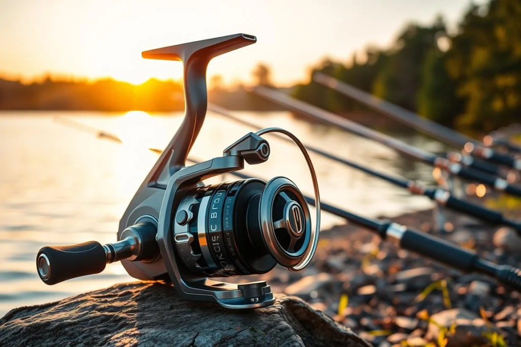 A detailed and vibrant image depicting the advantages of a fishing reel (molinete) for angling. In the foreground, showcase an intricately designed fishing reel made of sleek metal and advanced materials, reflecting light to emphasize its features. In the middle ground, portray a serene fishing scene with a tranquil lake, trees lining the shoreline, and fishing rods set up, ready for use. The background should feature a soft sunrise, casting warm golden light across the water and creating a peaceful atmosphere. Capture the image with a slight depth of field, focusing sharply on the reel while softening the background. The mood should evoke tranquility and excitement for fishing enthusiasts, highlighting the practicality and efficiency of using a molinete. Uma imagem detalhada e vibrante que ilustra as vantagens de um molinete para a pesca. Em primeiro plano, destaca-se um molinete de design sofisticado, feito de metal elegante e materiais avançados, refletindo a luz para realçar seus detalhes. No plano intermediário, apresenta-se uma cena serena de pesca, com um lago tranquilo, árvores margeando a água e varas de pesca posicionadas e prontas para uso. O fundo deve exibir um nascer do sol suave, projetando uma luz dourada e quente sobre a água e criando uma atmosfera de paz. A imagem deve ser capturada com uma profundidade de campo reduzida, mantendo o foco nítido no molinete enquanto suaviza o fundo. O clima da imagem deve transmitir tranquilidade e entusiasmo aos entusiastas da pesca, ressaltando a praticidade e a eficiência do uso do molinete.