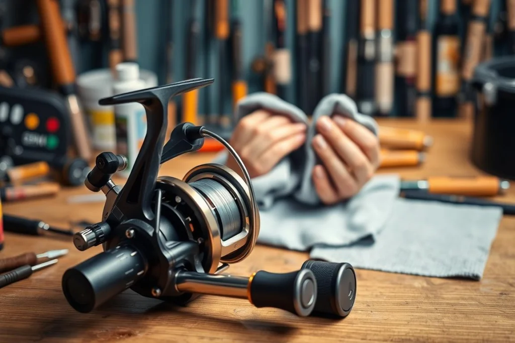 A detailed close-up of a fishing reel, prominently displayed in the foreground, showcasing the intricate mechanisms and components that require care and maintenance. The reel should be positioned on a wooden workbench scattered with tools, such as a small screwdriver and lubricant, to emphasize maintenance. In the middle ground, display a pair of hands gently cleaning the reel with a soft microfiber cloth, ensuring the focus remains on the reel itself. The background should feature an out-of-focus assortment of fishing gear, like rods and tackle boxes, subtly enhancing the fishing theme. The lighting should be soft and warm, creating an inviting atmosphere that reflects professionalism and care, with a slight vignette around the edges to draw attention to the main subject. Um close detalhado de um carretel de pesca, exibido com destaque em primeiro plano, mostrando os mecanismos e componentes intricados que exigem cuidado e manutenção. A bobina deve ser posicionada sobre uma bancada de madeira repleta de ferramentas, como uma pequena chave de fenda e lubrificante, para enfatizar a manutenção. No meio-termo, mostre um par de mãos limpando suavemente a bobina com um pano macio de microfibra, garantindo que o foco permaneça na própria bobina. O fundo deve apresentar uma variedade desfocada de artes de pesca, como varas e caixas de equipamento, realçando sutilmente o tema da pesca. A iluminação deve ser suave e aconchegante, criando um ambiente convidativo que reflita profissionalismo e cuidado, com uma leve vinheta nas bordas para chamar a atenção para o assunto principal.