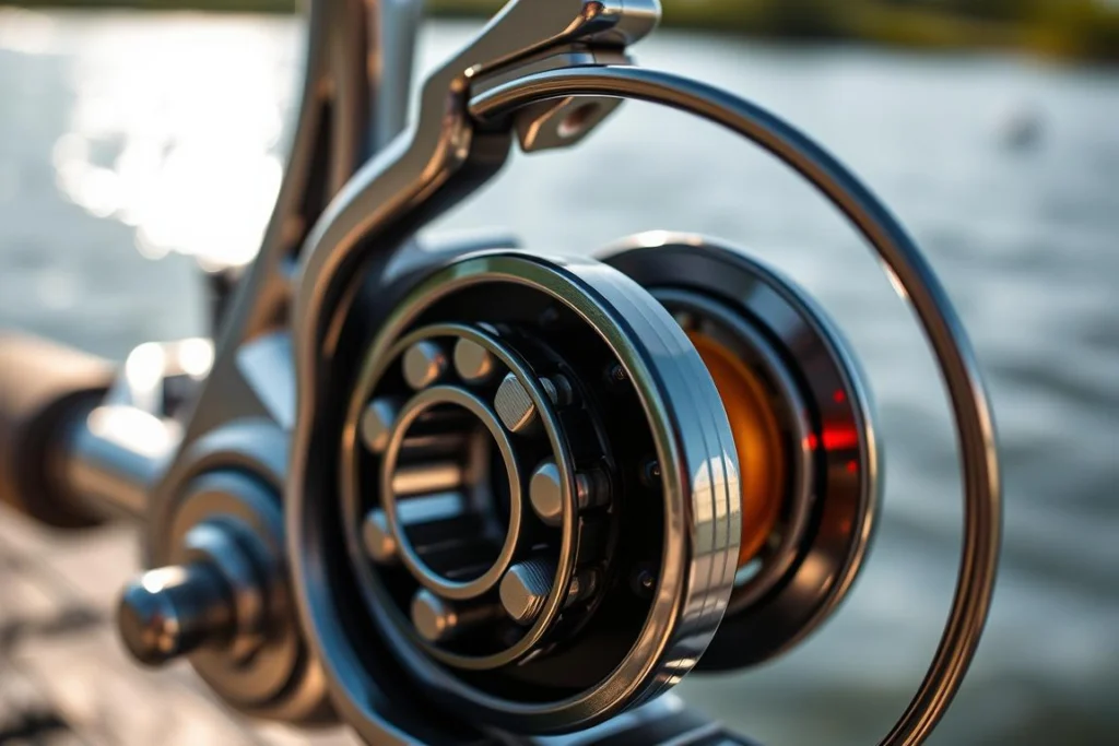 A detailed close-up view of a high-quality fishing reel, showcasing its intricate internal structure, particularly the multiple ball bearings for smooth operation. In the foreground, the reel glistens under bright daylight, highlighting the polished metal and vibrant colors of the components. The middle section includes a blurred background of a scenic lakeside, with gentle waves and hints of lush greenery, creating a calming atmosphere. Soft natural lighting casts delicate reflections on the reel’s surface, enhancing the focus on the rolamentos. The angle is slightly tilted to emphasize depth and precision in the reel’s design, evoking a sense of sophistication and quality for fishing enthusiasts. A detailed close-up view of a high-quality fishing reel, showcasing its intricate internal structure, particularly the multiple ball bearings for smooth operation. In the foreground, the reel glistens under bright daylight, highlighting the polished metal and vibrant colors of the components. The middle section includes a blurred background of a scenic lakeside, with gentle waves and hints of lush greenery, creating a calming atmosphere. Soft natural lighting casts delicate reflections on the reel’s surface, enhancing the focus on the rolamentos. The angle is slightly tilted to emphasize depth and precision in the reel’s design, evoking a sense of sophistication and quality for fishing enthusiasts.