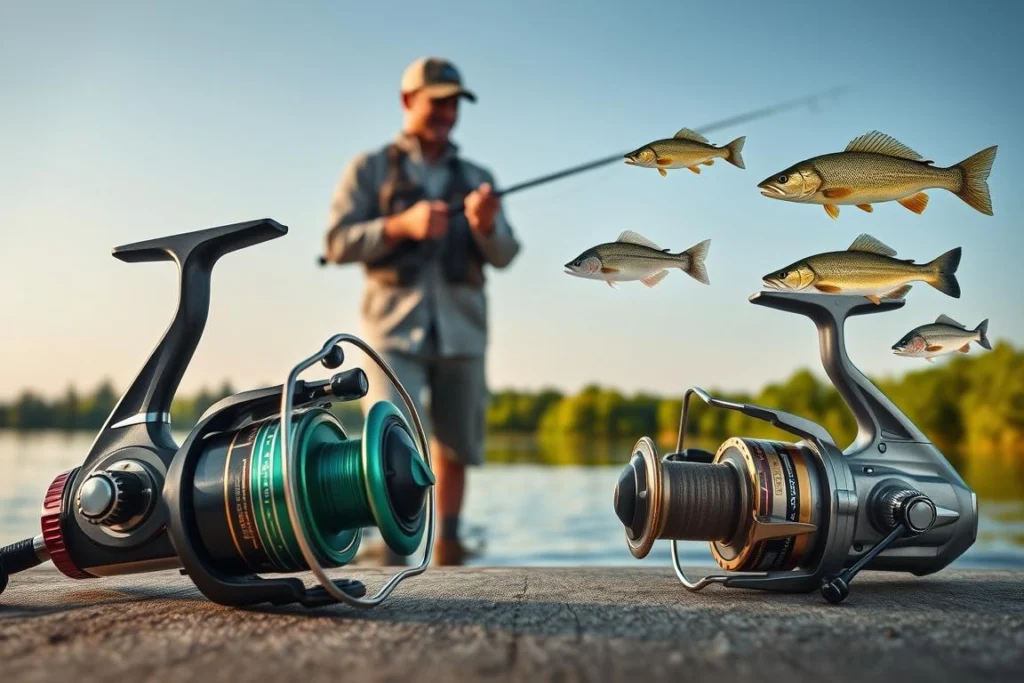 A detailed composition illustrating the comparison between a spinning reel (molinete) and a baitcasting reel (carretilha) for fishing, with various fish species in mind. In the foreground, prominently feature the two reels with distinct characteristics, perhaps labeled or highlighted. The middle ground showcases an angler in casual outdoor attire fishing on a serene lake, carefully selecting the appropriate reel based on the fish species depicted nearby—like bass, trout, and catfish. The background features lush greenery and a clear sky, creating a peaceful atmosphere. Soft, natural lighting enhances the scene, evoking a sense of calm and focus. Capture this image from a slightly elevated angle to provide depth and clarity, ensuring no text or overlays are present. Uma composição detalhada que ilustra a comparação entre um molinete e uma carretilha de pesca, levando em conta diversas espécies de peixes. Em primeiro plano, destaque os dois equipamentos, evidenciando suas características distintas — talvez com legendas ou algum tipo de realce. O plano intermediário mostra um pescador com roupas casuais de atividades ao ar livre pescando em um lago sereno; ele seleciona cuidadosamente o equipamento adequado com base nas espécies de peixes retratadas nas proximidades, como *bass*, truta e bagre. O fundo apresenta uma vegetação exuberante e um céu limpo, criando uma atmosfera de tranquilidade. Uma iluminação suave e natural realça a cena, transmitindo uma sensação de calma e concentração. A imagem deve ser captada de um ângulo ligeiramente elevado para proporcionar profundidade e clareza, sem a presença de textos ou sobreposições gráficas.