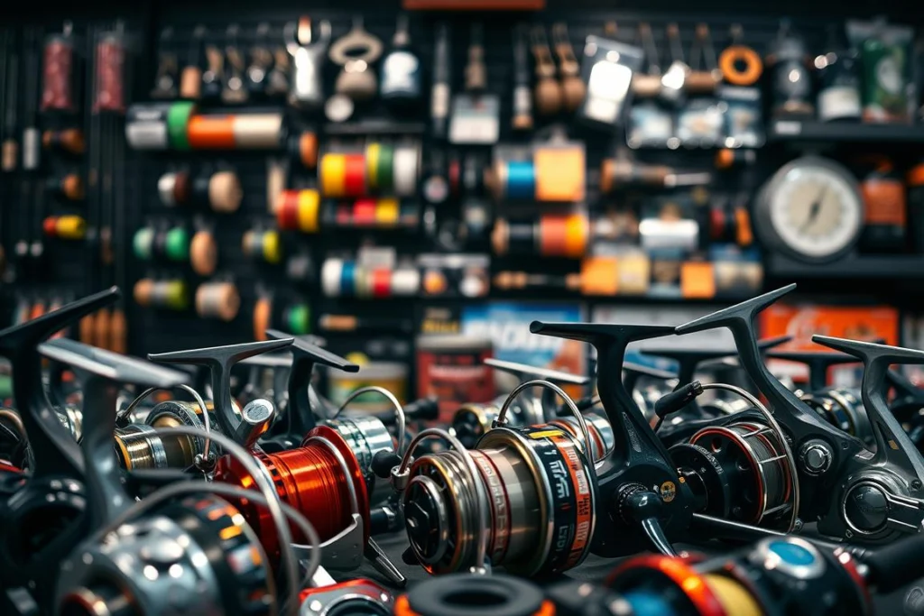A detailed composition of fishing reels, prominently displaying various brands and models in the foreground. The reels should be intricately designed, showcasing their shiny metallic textures and vibrant colors. In the middle ground, a variety of fishing lines, tackle, and accessories are artfully arranged, hinting at the market variety. The background features a well-stocked fishing gear display, with dim, focused lighting that highlights the products, creating an inviting atmosphere. Use a shallow depth of field to emphasize the reels while softly blurring the background. Capture the image from an angled perspective to provide depth and interest. The overall mood should convey professionalism and accessibility, appealing to avid fishermen and novice buyers alike. Uma composição detalhada de molinetes e carretilhas de pesca, exibindo com destaque diversas marcas e modelos em primeiro plano. Os equipamentos devem apresentar um design elaborado, evidenciando suas texturas metálicas brilhantes e cores vibrantes. No plano intermediário, uma variedade de linhas, iscas e acessórios de pesca está disposta de forma artística, sugerindo a diversidade de produtos disponíveis no mercado. O fundo apresenta uma exposição bem abastecida de artigos de pesca, com iluminação suave e direcionada que realça os produtos, criando uma atmosfera convidativa. Utilize uma profundidade de campo reduzida para destacar os equipamentos, mantendo o fundo levemente desfocado. Capture a imagem a partir de um ângulo que proporcione profundidade e interesse visual. A atmosfera geral deve transmitir profissionalismo e acessibilidade, atraindo tanto pescadores experientes quanto compradores iniciantes.
