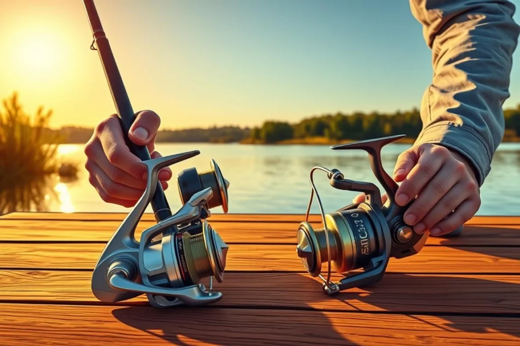 A detailed illustration for beginner anglers selecting between a spinning reel (molinete) and a baitcasting reel (carretilha). In the foreground, show a hands-on demonstration with a fishing rod in the hands of a novice fisherman dressed in casual, modest attire, examining both types of reels on a wooden table. In the middle ground, prominently feature the two reels, each labeled and depicted with realistic details, showcasing their unique designs. In the background, a serene lake view at sunrise casts a warm golden light illuminating the scene, creating an inviting and educational atmosphere. The overall mood should be one of enthusiasm and learning, capturing the essence of outdoor fishing adventures while being visually informative. Use a slightly elevated angle to provide depth. Uma ilustração detalhada voltada para pescadores iniciantes que precisam escolher entre um molinete (*spinning reel*) e uma carretilha (*baitcasting reel*). Em primeiro plano, apresenta-se uma demonstração prática: um pescador iniciante, vestindo roupas casuais e discretas, segura uma vara de pesca enquanto examina ambos os tipos de equipamento sobre uma mesa de madeira. No plano intermediário, as duas peças aparecem em destaque, com rótulos e detalhes realistas que evidenciam seus designs distintos. Ao fundo, a vista serena de um lago ao nascer do sol projeta uma luz dourada e acolhedora sobre a cena, criando uma atmosfera convidativa e educativa. O clima geral deve transmitir entusiasmo e aprendizado, capturando a essência das aventuras de pesca ao ar livre e oferecendo informações visuais claras. Utilize um ângulo levemente elevado para conferir profundidade à imagem.