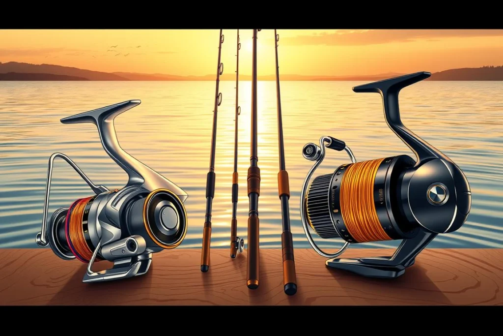 A detailed illustration of two types of fishing gear, showcasing a spinning reel (molinete) on the left and a baitcasting reel (carretilha) on the right. In the foreground, the spinning reel features a sleek, shiny metallic body with a colorful fishing line wound neatly around it. The baitcasting reel has a more robust, cylindrical design with a fishing line that appears thicker and heavier. In the middle ground, include an array of fishing rods beside each reel, highlighting their different styles: one with a flexible tip for the spinning reel and another with a sturdy build for the baitcasting reel. The background should depict a serene natural setting, like a tranquil lake at sunrise with gentle ripples and soft golden light casting reflections on the water, creating a peaceful atmosphere that invites viewers to explore different fishing techniques. Uma ilustração detalhada de dois tipos de equipamento de pesca, exibindo um molinete à esquerda e uma carretilha à direita. Em primeiro plano, o molinete apresenta um corpo metálico elegante e brilhante, com uma linha de pesca colorida enrolada de forma organizada ao seu redor. A carretilha possui um design cilíndrico mais robusto, com uma linha de pesca que parece mais espessa e pesada. No plano intermediário, incluem-se varas de pesca ao lado de cada equipamento, destacando seus diferentes estilos: uma com ponta flexível para o molinete e outra com estrutura resistente para a carretilha. O fundo deve retratar um cenário natural sereno, como um lago tranquilo ao nascer do sol, com pequenas marolas e uma luz dourada suave projetando reflexos na água, criando uma atmosfera de paz que convida o observador a explorar diferentes técnicas de pesca.