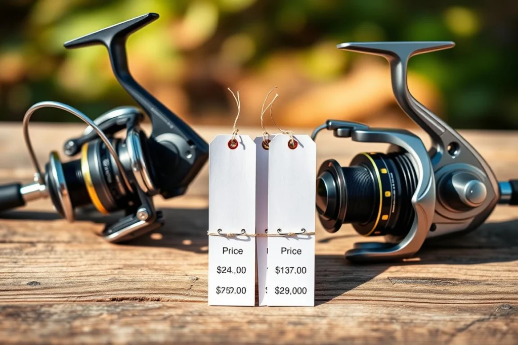 A detailed price comparison image featuring two fishing tackle options: an ultramodern spinning reel (molinete) on one side and a sophisticated baitcasting reel (carretilha) on the other. In the foreground, the spinning reel is resting on a wooden table, highlighted by soft natural lighting that accentuates its sleek design and metallic texture. The baitcasting reel is positioned opposite, showcasing its unique shape and mechanisms. In the middle ground, a neatly arranged set of price tags with different prices for each item showcases the cost comparison aspect, while the background remains blurred to keep the focus on the reels. The overall mood is informative and professional, evoking a sense of practicality and thoughtful decision-making for anglers. The angle should be slightly elevated to capture both reels clearly. Uma imagem detalhada de comparação de preços apresentando duas opções de equipamento de pesca: um molinete ultramoderno de um lado e uma carretilha sofisticada do outro. Em primeiro plano, o molinete repousa sobre uma mesa de madeira, realçado por uma iluminação natural suave que destaca seu design elegante e textura metálica. A carretilha está posicionada do lado oposto, exibindo seu formato e mecanismos característicos. No plano intermediário, um conjunto de etiquetas de preço organizadas — com valores distintos para cada item — evidencia a comparação de custos, enquanto o fundo permanece desfocado para manter o foco nos equipamentos. A atmosfera geral é informativa e profissional, transmitindo uma sensação de praticidade e de tomada de decisão ponderada para os pescadores. O ângulo deve ser levemente elevado para capturar ambos os equipamentos com clareza.