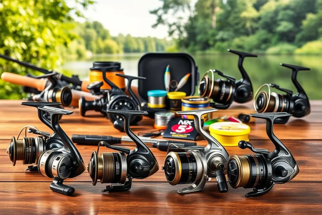 A variety of fishing reels, specifically beginner-friendly spinning reels, displayed prominently in the foreground. Each reel is showcased with intricate details highlighting their mechanics, such as gears and line guides, against a wooden tabletop. In the middle ground, neatly arranged fishing accessories like lines, lures, and tackle boxes enhance the fishing theme. The background features a softly blurred image of a tranquil lake surrounded by green foliage, emphasizing a peaceful fishing environment. Soft, natural lighting illuminates the scene, casting gentle reflections on the reels and creating a warm, inviting atmosphere. The image conveys a sense of learning and adventure, perfect for introducing novice anglers to fishing gear. Uma variedade de molinetes — especificamente modelos ideais para iniciantes — aparece em destaque no primeiro plano. Cada peça é exibida com detalhes minuciosos que ressaltam seus mecanismos, como engrenagens e passadores de linha, sobre uma superfície de madeira. No plano intermediário, acessórios de pesca organizados com cuidado — como linhas, iscas artificiais e caixas de equipamento — reforçam a temática da atividade. O fundo apresenta uma imagem suavemente desfocada de um lago tranquilo cercado por vegetação, evocando uma atmosfera de paz propícia à pesca. Uma iluminação natural e suave banha a cena, criando reflexos delicados nos molinetes e conferindo ao ambiente um ar acolhedor e convidativo. A imagem transmite uma sensação de aprendizado e aventura, sendo perfeita para apresentar equipamentos de pesca a pescadores iniciantes.