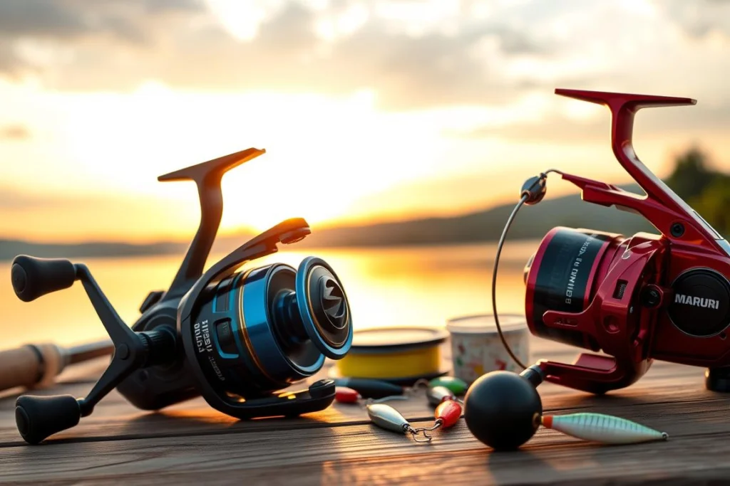 A vibrant display of Shimano and Maruri fishing reels, showcased on a wooden fishing table. In the foreground, the two brands' reels are placed side by side, highlighting their distinct features and sleek designs: the Shimano reel glistening with metallic blue accents, while the Maruri reel showcases a bright red color. In the middle ground, various fishing lines and lures are artfully scattered to create context, with a clear fishing rod partially visible on the left. In the background, a serene lakeside scene bathed in soft, warm sunset light emphasizes the fishing theme, casting gentle reflections on the water. The mood is inviting and tranquil, perfect for a fishing enthusiast. The image composition is shot from a slightly elevated angle, creating a dynamic perspective that draws the viewer in. Uma exibição vibrante de molinetes de pesca das marcas Shimano e Maruri, dispostos sobre uma mesa de madeira. Em primeiro plano, os molinetes das duas marcas estão lado a lado, destacando suas características distintas e designs elegantes: o modelo da Shimano brilha com detalhes em azul metálico, enquanto o da Maruri exibe uma cor vermelha intensa. No plano intermediário, diversas linhas e iscas de pesca estão artisticamente espalhadas para compor o cenário, com uma vara de pesca transparente parcialmente visível à esquerda. Ao fundo, uma paisagem serena à beira do lago, banhada pela luz suave e quente do pôr do sol, reforça a temática da pesca e projeta reflexos delicados na água. A atmosfera é convidativa e tranquila, ideal para um entusiasta da pesca. A imagem foi captada de um ângulo levemente elevado, criando uma perspectiva dinâmica que atrai o olhar de quem a observa.