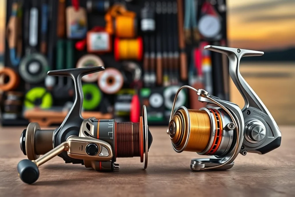 A visually engaging comparison image featuring a selection of fishing reels (molinetes) designed for both beginners and professionals. In the foreground, display two distinct reels: one simple, sturdy design suitable for novices, showcasing bright colors and an ergonomic handle, and one sophisticated, high-performance reel with sleek metallic finishes and advanced features. In the middle ground, arrange a soft-focus backdrop of various fishing accessories like lines, lures, and equipment, hinting at a lively fishing environment. The background should feature an outdoor fishing scene, perhaps with a serene lake at sunset, creating a warm and inviting atmosphere. Use soft, natural lighting to enhance the details of the reels and evoke a sense of adventure in the sport of fishing. Uma imagem comparativa visualmente atraente que apresenta uma seleção de molinetes projetados tanto para iniciantes quanto para profissionais. Em primeiro plano, exibem-se dois molinetes distintos: um de design simples e robusto, adequado para iniciantes, com cores vivas e manivela ergonômica; e outro sofisticado, de alto desempenho, com acabamentos metálicos elegantes e recursos avançados. No plano intermediário, dispõe-se um fundo com foco suave mostrando diversos acessórios de pesca — como linhas, iscas e equipamentos —, sugerindo um ambiente de pesca dinâmico. O plano de fundo deve retratar uma cena de pesca ao ar livre, talvez um lago sereno ao pôr do sol, criando uma atmosfera acolhedora e convidativa. Utiliza-se uma iluminação suave e natural para realçar os detalhes dos molinetes e evocar a sensação de aventura associada à pesca.