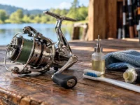 Molinete de pesca prateado sobre uma mesa de madeira ao lado de óleo lubrificante, graxa, escova e pano, materiais usados no processo de como limpar molinete água salgada.