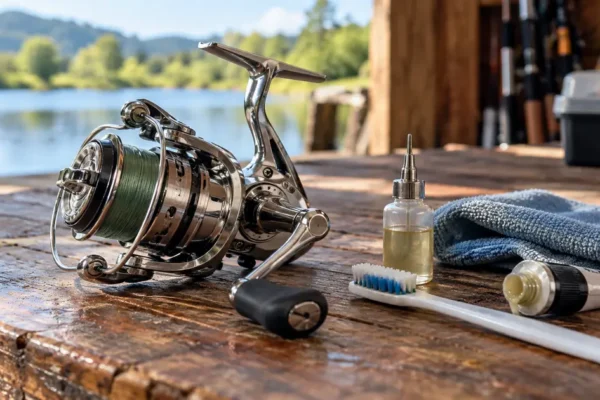Molinete de pesca prateado sobre uma mesa de madeira ao lado de óleo lubrificante, graxa, escova e pano, materiais usados no processo de como limpar molinete água salgada.